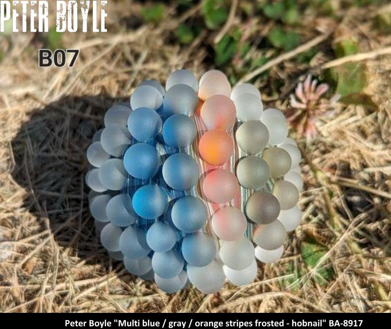 BA8917 - Multi blue / gray / orange stripes frosted - hobnail 53mm - PETER BOYLE ART GLASS/ARTISTE VERRIER