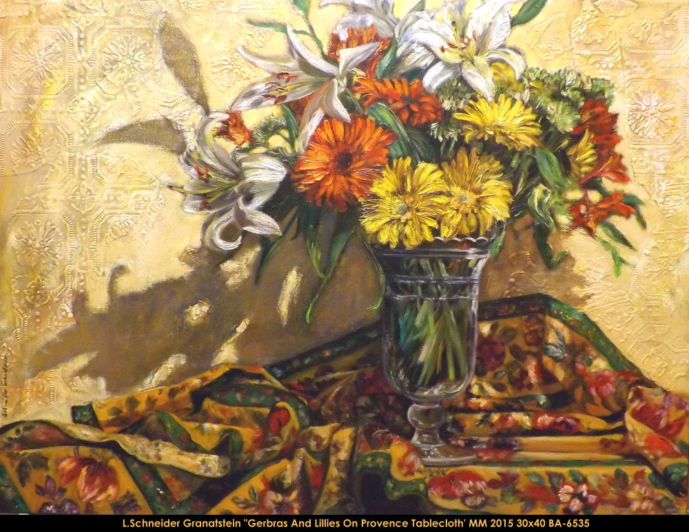 BA6535 - Lynda S.Granatstein - Gerbras and Lillies on Provence Tablecloth - 30x40